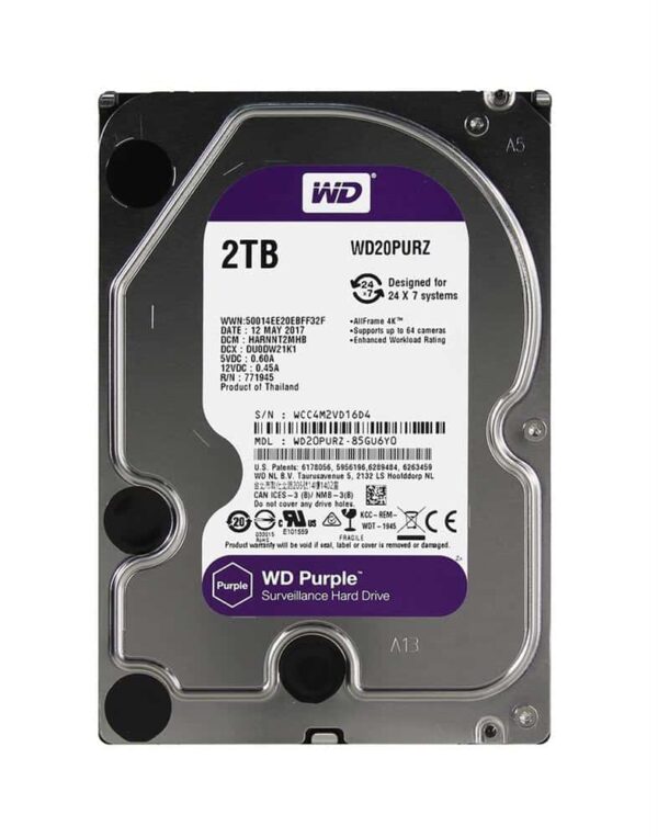 WD Purple 2TB Surveillance 5400 RPM Class SATA 6 Gb/s WD20PURZ Hard Disk Drive - Internal Hard Drives