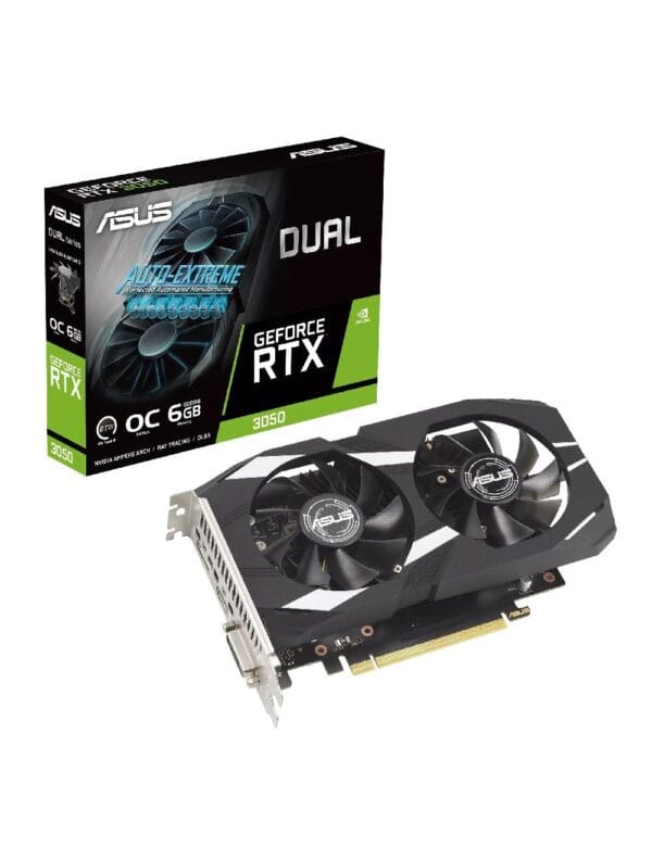 ASUS Dual GeForce RTX 3050 6GB | 8GB GDDR6 Video CardASUS Dual GeForce RTX™ 3050 6GB | 8GB GDDR6 with two powerful Axial-tech fans and a 2-slot design for broad compatibility. NVIDIA Ampere Streaming Multiprocessors: The all-new Ampere SM brings 2X the FP32 throughput and improved power efficiency. 2nd Generation RT Cores: Experience 2X the throughput of 1st gen RT Cores, plus concurrent RT and shading for a whole new level of ray-tracing performance. 3rd Generation Tensor Cores: Get up to 2X the throughput with structural sparsity and advanced AI algorithms such as DLSS. These cores deliver a massive boost in game performance and all-new AI capabilities. OC edition: Boost Clock 1537 MHz (OC Mode)/ 1507 MHz (Default Mode) IP5X dust resistance offers protection from particle ingress for better durability. A 2-slot design maximizes compatibility and cooling efficiency for superior performance in small chassis. A stainless steel bracket is harder and more resistant to corrosion. Auto-Extreme technology uses automation to enhance reliability. GPU Tweak III provides intuitive performance tweaking, thermal controls, and system monitoring.