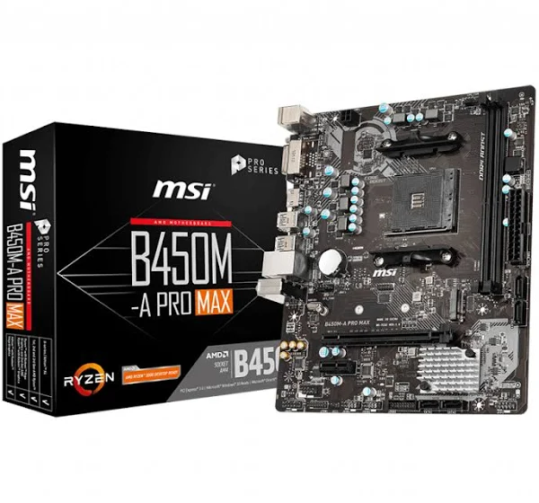 MSI B450M Pro M2 MAX AM4 B450 mATX MotherboardSpecification:
AMD B450
Supports 1st, 2nd and 3rd Gen AMD Ryzen / Ryzen with Radeon Vega Graphics and 2nd Gen AMD Ryzen with Radeon Graphics / Athlon with Radeon Vega Graphics Desktop Processors for Socket AM4
For AMD Ryzen Gen3 (R5/R7/R9)
- Supports DDR4 4133/ 4000/ 3866/ 3733/ 3466/ 3200/ 3066/ 3000/ 2933/ 2800/ 2667 MHz by A-XMP OC mode
For AMD Other CPU
- Supports DDR4 3466/ 3200/ 3066/ 3000/ 2933/ 2800/ 2667 MHz by A-XMP OC mode
Supports DDR4 2667/ 2400/ 2133/ 1866 MHz by JEDEC