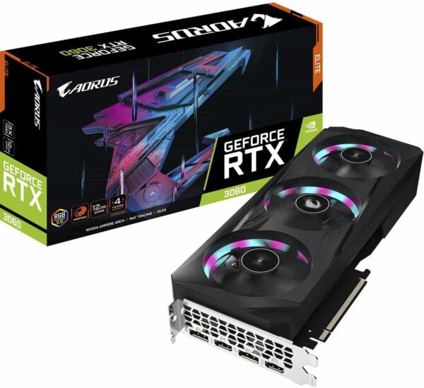 Gigabyte Aorus GeForce RTX 3060 Elite 12G 3X WINDFORCE Fans, 12GB 192-bit GDDR6 Video Card GV-N3060AORUS E-12GD - Nvidia Video Cards