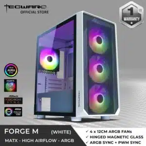 Tecware Forge M High Airflow w/ FREE 4 Omni aRGB Fans mATX PC Case White - Chassis