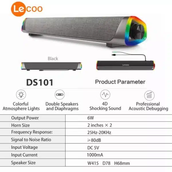 Lenovo Lecoo DS101 Sound Bar Audio Wired Bluetooth Speaker Subwoofer Black/White - Audio Gears and Accessories