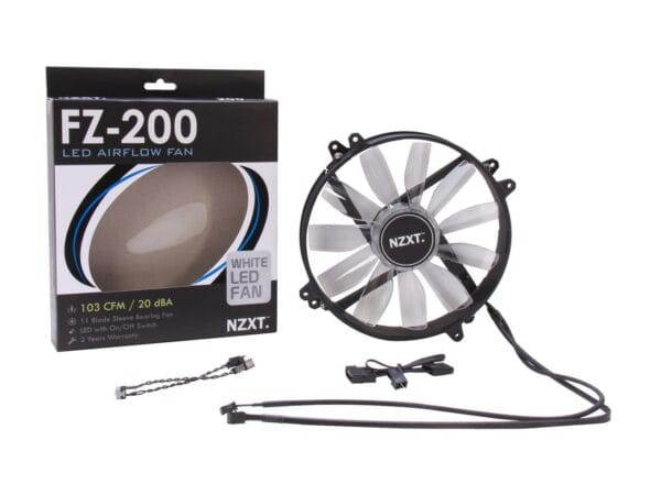 NZXT RF-FZ20S-W1 200MM Wide White LED Fan with Sleeved-Cable - Cooling Systems