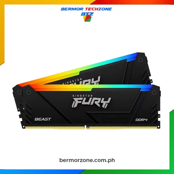 Kingston Fury Beast RGB 2x16GB 32GB DDR4 3200Mhz | 3600Mhz Computer Memory KF436C18BBAK2/32 | KF432C16BB1AK2/32Customizable RGB Lighting with Aggressive Styling Give your battle station a stylish upgrade thanks to Beast DDR4 RGB’s heat spreader and customizable smooth, stunning RGB effects. Use the powerful Kingston FURY CTRL software or motherboard manufacturer’s software to create your own look. Kingston Fury Infrared Snyc Technology  RGB effects stay synced thanks to Kingston’s patented Infrared Sync Technology. Intel XMP-Ready and XMP Certified  Designed to maximise the performance of our memory modules, our engineers have predefined Intel Extreme Memory Profiles to reach speeds of up to 3733MHz. Ready for AMD Ryzen  Get memory that’s Ready for Ryzen and will seamlessly integrate with your AMD-based system. A reliable, compatible performance boost for your build. Plug N Play - Automatic overclocking at 2666mhz  A simple and easy Plug N Play upgrade, Kingston FURY Beast DDR4 RGB will auto-overclock itself to the highest listed speed allowed by the system BIOS.
