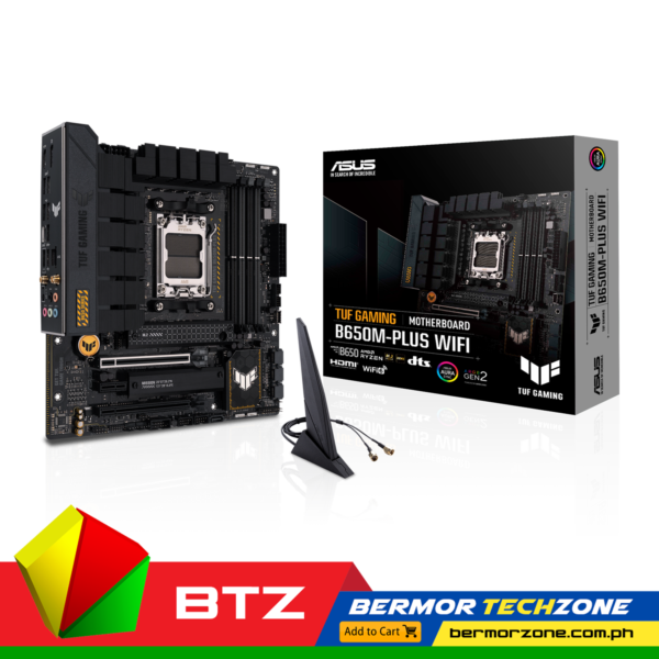 Asus TUF Gaming B650M Plus WiFi AM5 mATX DDR5 AMD Motherboard

 	AMD AM5 socket:Ready for AMD Ryzen 7000 Series desktop processors.
 	Enhanced power solution: 12+2 teamed power stages, 8+4 ProCool sockets, alloy chokes and durable capacitors for stable power delivery.
 	Next-gen connectivity: M.2 PCIe 5.0, USB 3.2 Gen2x2 Type-C, front USB 3.2 Gen 1 Type-C, USB4 support.
 	Made for online Gaming: Realtek 2.5 Gb Ethernet and TUF LANGuard.
 	Two-way AI Noise Cancelation: Reduces background noise from the microphone and audio output for crystal-clear communication in games or video conferences.
 	Comprehensive cooling: Enlarged VRM and PCH heatsinks, M.2 heatsinks, hybrid fan headers and Fan Xpert 2+ utility in Armoury Crate.
 	Aura Sync RGB effects: Stylish edge lighting design, addressable RGB headers and RGB strip header.