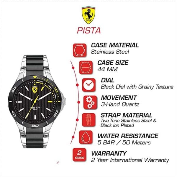 Ferrari Pista Quartz Stainless Steel Case and Bracelet Casual Men Watch Silver and Black - Model 830762 - Fashion