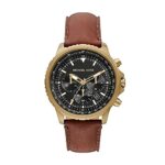 Michael Kors Cortlandt Chronograph Black Dial Stainless Men Watch Gold Tone Leather