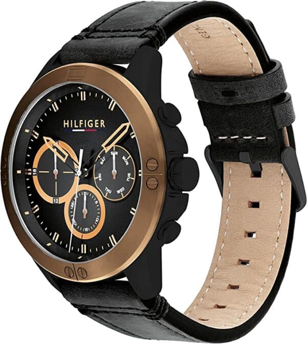 Tommy Hilfiger Quartz Multifunction Stainless Steel and Leather Strap Men Watch Black - Model 1791893 - Fashion