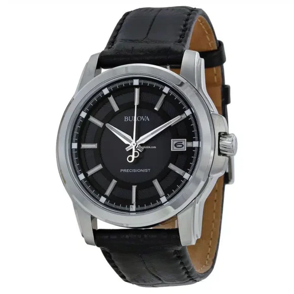 Bulova Precisionist 3 Hand Calendar in Stainless Steel with Black Leather Strap - Model 96B158 - Fashion