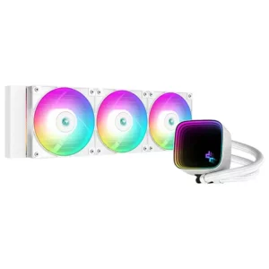 Deepcool LS720 SE White 360MM AIO CPU Cooler 3x120mm ARGB Fans (FE120 Model)Specifications:
<ul>
 	<li>Application for: Intel LGA1700/1200/1151 /1150/1155  For AMD: AM5/AM4</li>
 	<li>Net Weight: 1659 g</li>
 	<li>Radiator Dimensions:402×120×27 mm</li>
 	<li>Radiator Material: Aluminum</li>
 	<li>Tube length: 410 mm</li>
 	<li>Pump Dimensions: 85×73×55 mm</li>
 	<li>Pump Speed: 3100 RPM±10%</li>
 	<li>Pump Noise: 19 dB(A)</li>
 	<li>Pump Connector: 3-pin</li>
 	<li>Pump Rated Voltage: 12 VDC</li>
 	<li>Pump Power Consumption: 4.56 W</li>
 	<li>Fan Dimensions: 120 × 120 × 25 mm</li>
 	<li>Fan Speed: 500~2250 RPM±10%</li>
 	<li>Fan Airflow: 85.85 CFM</li>
 	<li>Fan Noise: ≤32.9 dB(A)</li>
 	<li>Fan Connector: 4-pin PWM</li>
 	<li>Bearing Type: Hydro Bearing</li>
 	<li>Fan Rated Voltage: 12 VDC</li>
 	<li>Fan Power Consumption: 3.0 W</li>
 	<li>LED Type: Addressable RGB LED</li>
 	<li>LED Connector: 3-pin(+5V-D-G)</li>
</ul>