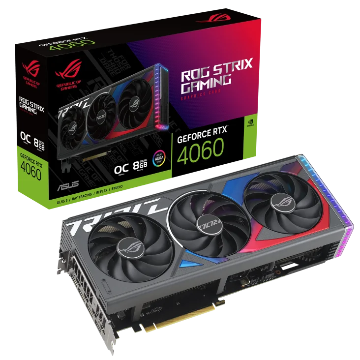 Asus ROG Strix GeForce RTX 4060 8GB OC GDDR6 Gaming Graphics CardROG Strix GeForce RTX™ 4060 OC Edition 8GB GDDR6 with DLSS 3 and chart-topping thermal performance
NVIDIA Ada Lovelace Streaming Multiprocessors: Up to 2X performance and power efficiency
4th Generation Tensor Cores: Up to 4x performance with DLSS 3 vs. brute-force rendering
3rd Generation RT Cores: Up to 2x ray tracing performance
Axial-tech fan design features a smaller fan hub to increase airflow through the cooling array.
3.1-slot design: massive fin array optimized for airflow from the three Axial-tech fans.
Vented backplate works in tandem with upgraded Axial-tech fans to maximize heat dissipation
Digital power control with high-current power stages and 15K capacitors to fuel maximum performance
Auto-Extreme precision automated manufacturing for higher reliability
GPU Tweak III software provides intuitive performance tweaking, thermal controls, and system monitoring