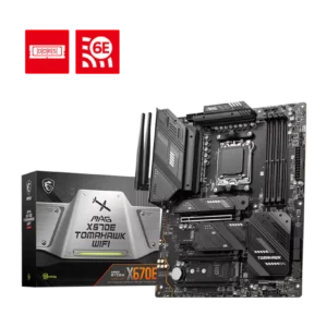 MSI MAG X670E Tomahawk WIFI AMD Ryzen 7000 AM5 ATX Motherboard<ul>
 	<li>Supports AMD Ryzen™ 7000 Series Desktop Processors</li>
 	<li>Supports DDR5 Memory, up to 6000+(OC) MHz</li>
 	<li>Enhanced Power Design: 14+2+1 Duet Rail Power System, dual 8-pin CPU power connectors, Core Boost, Memory Boost</li>
 	<li>Lightning Fast Game experience: PCIe 5.0 slot, Lightning Gen5 M.2, USB 3.2 Gen 2x2</li>
 	<li>Premium Thermal Solution: Extended Heatsink Design and M.2 Shield Frozr are built for high performance system and non-stop works</li>
 	<li>AUDIO BOOST: Reward your ears with studio grade sound quality for the most immersive gaming experience</li>
 	<li>High Quality PCB: 8-layer PCB made by 2oz thickened copper and server grade level material</li>
</ul>
