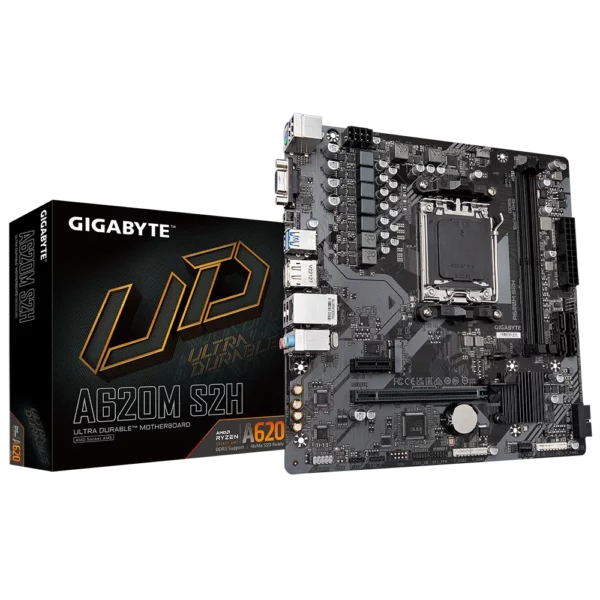 Gigabyte A620M S2H AMD Motherboard
 	AMD Socket AM5：Supports AMD Ryzen™ 7000 Series Processors
 	Unparalleled Performance：5+2+2 Phases Digital VRM Solution
 	Dual Channel DDR5：2*SMD DIMMs with AMD EXPO™ & Intel® XMP Memory Module Support
 	SuperSpeed Storage：PCIe 4.0 x4 M.2 Connector
 	EZ-Latch：PCIe x16 Slot with Quick Release Design
 	Fast Networks：GbE LAN
 	Extended Connectivity：DP, HDMI, D-Sub
 	Smart Fan 6：Features Multiple Temperature Sensors, Hybrid Fan Headers with FAN STOP
 	Q-Flash Plus：Update BIOS Without Installing the CPU, Memory and Graphics Card
