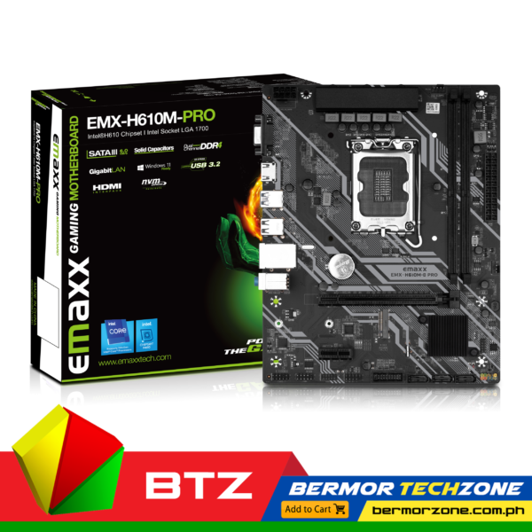 Emaxx EMX-H610M-PRO Micro ATX Motherboard• Intel®H610 high-speed chipset • Intel Socket LGA 1700 • 12th/13th generation processor (CPU overclocking technology is not supported) • Dual DDR4, 2*DIMM • M.2 Slot • Onboard Gigabit Ethernet Lan • Onboard 5.1 Channel HD Audio