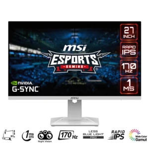 MSI G274QRFW  27" Wide Color Gamut | Flat | Rapid IPS | 2560 x 1440 WQHD | 170Hz | 1ms | G-Sync Compatible AMD FreeSync Premium White Esports Gaming Monitor<ul>
 	<li>Rapid IPS – Provides 1ms GTG fast response time, optimizes screen colors and brightness.</li>
 	<li>WQHD High Resolution – Games will look even better, displaying more details.</li>
 	<li>170Hz Refresh Rate – Respond faster with smoother frames.</li>
 	<li>1ms GTG Response Time – Eliminate screen tearing and choppy frame rates.</li>
 	<li>NVIDIA G-SYNC Compatible – Prevent screen tearing or stuttering, producing ultra-smooth lag-free gameplay.</li>
 	<li>HDR Ready – Provide eye-catching detail through contrast and shadows adjustment.</li>
 	<li>Night Vision – Smart black tuner to brighten your day by bringing out the fine details in dark areas.</li>
 	<li>Wide Color Gamut – Game colors and details will look more realistic and refined.</li>
 	<li>Frameless Design – Enjoy the ultimate gaming experience with super narrow bezels.</li>
 	<li>Anti-Flicker and Less Blue Light – Game even longer and prevent eye strain and fatigue.</li>
 	<li>178° Wide Viewing Angle – Colors and details will stay sharp at more angles with a 178° wide viewing angle.</li>
 	<li>RGB LED – Mesmerizing RGB LED backlight accompanies you through every battle.</li>
 	<li>Less Blue Light Pro – Use a hardware solution to reduce the light emission in the blue-violet region of the blue light spectrum (wavelength 415 to 455 nm).</li>
 	<li>Adjustable Stand – Easily change the position of the monitor for maximum ergonomics</li>
</ul>