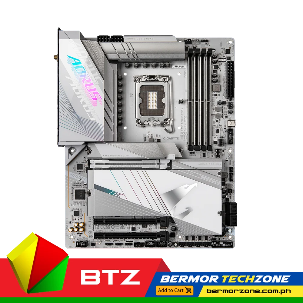 Gigabyte Z790 Aorus PRO X ATX Motherboard WhiteKey Features
Supports Intel® Core™ 13th and next-gen processors
Digital twin 18+1+2 phases VRM solution
Dual Channel DDR5:4*DIMMs with XMP 3.0 memory module support
PCIe UD Slot X: PCIe 5.0 x16 slot with 10X strength for graphics card
EZ-Latch Click:M.2 heatsinks with screwless design
EZ-Latch Plus:M.2 slots with quick release design
Sensor Panel Link:Onboard video port for hassle-free in-chassis panel setup
UC BIOS:User-Centred intuitive UX with Quick Access function
Ultra-Fast Storage:5*M.2 slots, including 1* PCIe 5.0 x4
Efficient Overall Thermal:VRM Thermal Armor Advanced & M.2 Thermal Guard XL
Fast Networking:5GbE LAN & Wi-Fi 7 with Ultra-high gain antenna
Extended Connectivity:HDMI, DP IN, Front & Rear USB-C® 20Gb/s
High-Res Audio:ALC1220 & Audiophile Grade Capacitors