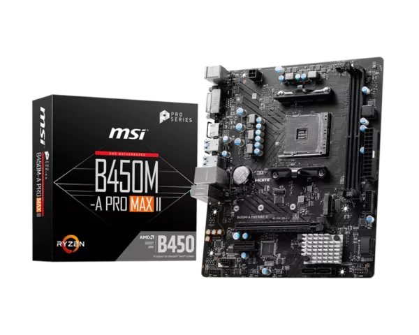MSI B450M-A Pro Max II AMD B450 AM4 Micro ATX Motherboard AMD AM4 motherboard inspired from architectural design, with Core Boost, DDR4 Boost, Turbo M.2, USB 3.2 Gen1 Supports AMD Ryzen™ 5000 Series, 5000 G-Series, 4000 G-Series, 3000 Series, 3000 G-Series, 2000 Series, 2000 G-Series and 1000 Series desktop processors and Athlon™ with Radeon™ Vega Graphics desktop processors Supports DDR4 Memory, up to 4133 (OC) MHz Turbo M.2: Running at PCI-E Gen3 x4 maximizes performance for NVMe based SSDs. Audio Boost: Reward your ears with studio grade sound quality. 2.5G LAN: Upgraded network solution for professional and multimedia use. Delivers a secure, stable and fast network connection X-Boost: Software that auto-detects and allows you to boost the performance of any storage or USB device. Core Boost: With premium layout and fully digital power design to support more cores and provide better performance.