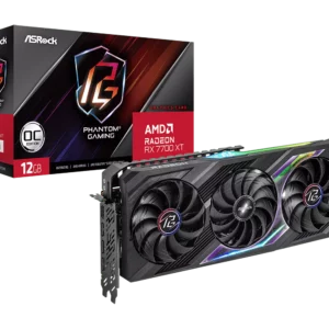 ASRock AMD RX 7700 XT Phantom Gaming 12GB OC Graphics Card<div class="brieftxt">PRODUCT BRIEF:</div>
<ul class="briefUl">
 	<li><b>Clock: GPU / Memory</b>
Boost Clock*: Up to 2599 MHz / 18 Gbps
Game Clock**: 2276 MHz / 18 Gbps</li>
 	<li><b>Key Specification</b>
AMD Radeon™ RX 7700 XT
12GB GDDR6 on 192-bit Memory Bus
54 AMD RDNA™ 3 Compute Units (with RT+AI Accelerators)
60MB AMD Infinity Cache™ technology
Microsoft<sup>®</sup> DirectX® 12 Ultimate
PCI<sup>®</sup> Express4.0 Support
2 x 8-pin Power Connector
Output: 3 x DisplayPort™ 2.1***, 1 x HDMI® 2.1</li>
 	<li><b>Key Features</b>
Polychrome SYNC
Phantom Gaming 3X Cooling System
Stylish Metal Backplate
Striped Ring Fan
Air Deflecting Fin
Ultra-fit Heatpipe
0dB Silent Cooling
Super Alloy Graphics Card
ASRock Tweak 2.0</li>
</ul>