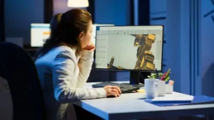 tired woman architect working modern cad program overtime sitting desk start up office industrial female engineer studying prototype idea pc showing cad software device display 482257 13399