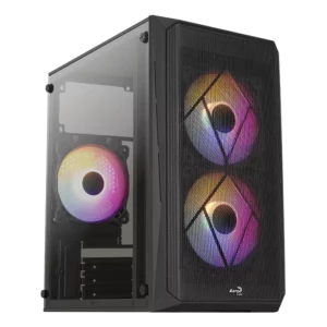 Aerocool CS-107 Mini Tower With 3 FRGB Fans PC CaseFeaturing a stylish and compact design, this highly-efficient mini tower case takes up less space than your typical case. Mesh front panel design delivers improved air flow and ventilation while allowing for viewing of your front LED fans. Comes equipped with full acrylic side panel to showcase the inside of your rig. Compact chassis design makes this case perfect for office use Mesh front panel design allows for improved air flow and ventilation Full acrylic side panel showcases the inside of your rig Supports liquid cooling in the front of the case Supports air cooling in the front and rear of the case Specifications are subject to change without notice.