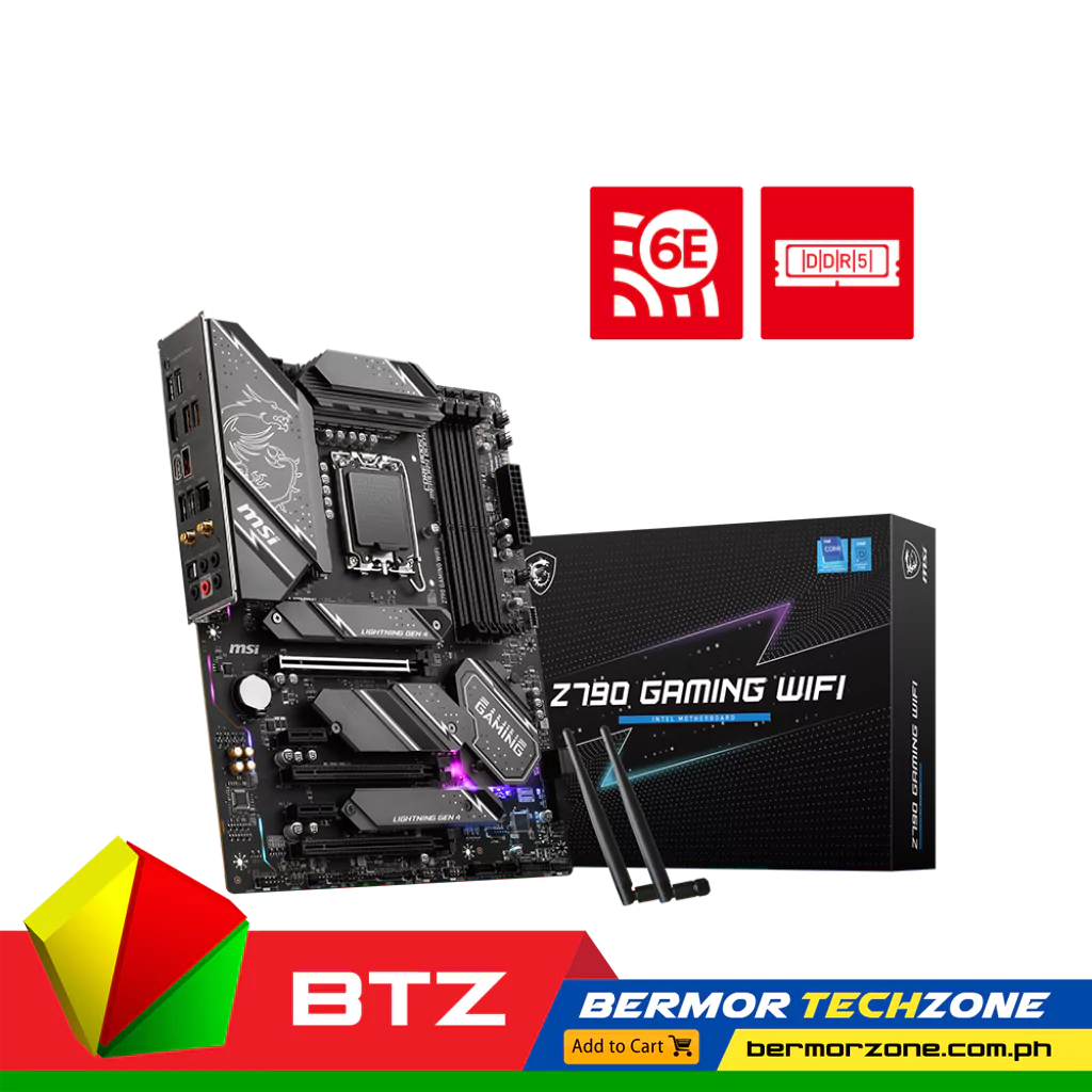 MSI Z790 GAMING WIFI LGA 1700 ATX Intel Motherboard
Supports Intel® Core™ 14th, 13th and 12th Gen Processors, Intel® Pentium® Gold, Celeron® Processor and Intel Processor 300(T) for LGA 1700 socket
Supports DDR5 Memory, up to 7200+(OC) MHz
Enhanced Power Design: 12+1+1 Duet Rail Power System with DrMOS, 8-pin + 4-pin CPU power connectors, Core Boost, Memory Boost
Premium Thermal Solution: Extended Heatsink, MOSFET thermal pads rated for 7W/mK, additional choke thermal pads are built for high performance system and non-stop gaming experience
Lightning Fast Game experience: PCIe 4.0 slot, Lightning Gen 4 x4 M.2 with M.2 Shield Frozr, Turbo USB 3.2 Gen 2 10G
High Quality PCB: 6-layer PCB made by 2oz thickened copper
Audio Boost: Reward your ears with studio grade sound quality for the most immersive gaming experience