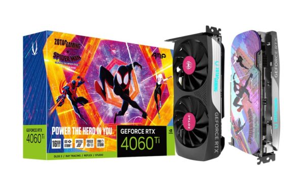 ZOTAC Gaming GeForce RTX 4060 Ti 16GB AMP SPIDER-MAN: Across the Spider-Verse Bundle Graphics Card The ZOTAC GAMING GeForce RTX 4060 Ti 16GB AMP is a compact and powerful graphics card, featuring the NVIDIA Ada Lovelace architecture and an aerodynamic-inspired design. With a reduced 2.2 slot size and a strong factory overclock, the AMP not only has wide PC case compatibility, but is also an excellent choice for those who want to build a SFF gaming PC capable of smooth framerates and performance in the latest title releases. This Spider-Man: Across the Spider-Verse inspired bundle includes a number of themed goodies, such as a themed magnetic backplate and custom fan emblems to make the AMP extra stylish, as well as a tote bag and a set of decorative decals that fans are sure to love. Feature Highlights: - Powered by NVIDIA DLSS 3, ultra-efficient Ada Lovelace arch, and full ray tracing - IceStorm 2.0 Advanced Cooling - FREEZE Fan Stop, Active Fan Control - Compact 2.2 Slot Footprint - Strong Factory Overclock - SPECTRA RGB Lighting - Metal Backplate - All-new FireStorm Utility (DOWNLOAD/ LEARN MORE)