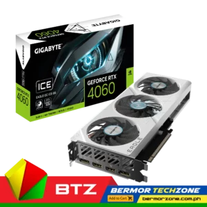 Gigabyte GeForce RTX 4060 EAGLE OC ICE 8G Graphics Card<strong>KEY FEATURE</strong>

Powered by NVIDIA DLSS 3, ultra-efficient Ada Lovelace arch, and full ray tracing
4th Generation Tensor Cores: Up to 4X performance with DLSS 3 vs. brute-force rendering
3rd Generation RT Cores: Up to 2X ray tracing performance
Powered by GeForce RTX™ 4060
Integrated with 8GB GDDR6 128bit memory interface
WINDFORCE cooling system
Dual BIOS
Protection back plate
<div class="flex-1 overflow-hidden">
<div class="react-scroll-to-bottom--css-tqlhf-79elbk h-full">
<div class="react-scroll-to-bottom--css-tqlhf-1n7m0yu">
<div>
<div class="flex flex-col text-sm pb-9">
<div class="w-full text-token-text-primary" dir="auto" data-testid="conversation-turn-7">
<div class="px-4 py-2 justify-center text-base md:gap-6 m-auto">
<div class="flex flex-1 text-base mx-auto gap-3 juice:gap-4 juice:md:gap-6 md:px-5 lg:px-1 xl:px-5 md:max-w-3xl lg:max-w-[40rem] xl:max-w-[48rem]">
<div class="relative flex w-full flex-col agent-turn">
<div class="flex-col gap-1 md:gap-3">
<div class="flex flex-grow flex-col max-w-full">
<div class="min-h-[20px] text-message flex flex-col items-start gap-3 whitespace-pre-wrap break-words [.text-message+&]:mt-5 overflow-x-auto" dir="auto" data-message-author-role="assistant" data-message-id="6670bc9e-0ebf-4df2-8e61-4d2aad8663b5">
<div class="markdown prose w-full break-words dark:prose-invert dark">
<ul>
 	<li>Graphics: GeForce RTX™ 4060</li>
 	<li>Core Clock: 2505 MHz</li>
 	<li>CUDA® Cores: 3072</li>
 	<li>Memory: 8 GB GDDR6</li>
 	<li>Memory Clock: 17 Gbps</li>
 	<li>Bus: PCI-E 4.0</li>
 	<li>Resolution: 7680x4320</li>
 	<li>Size: L=272 W=115 H=40 mm</li>
 	<li>DirectX: 12 Ultimate</li>
 	<li>PSU: 450W</li>
 	<li>Outputs: DP 1.4a<em>2, HDMI 2.1a</em>2</li>
</ul>
</div>
</div>
</div>
<div class="mt-1 flex gap-3 empty:hidden"></div>
</div>
</div>
</div>
</div>
</div>
</div>
</div>
</div>
</div>
</div>