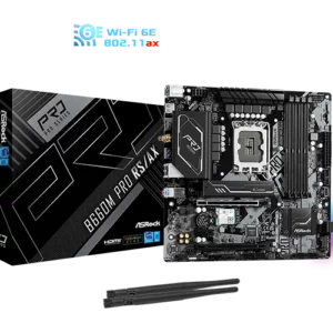 ASRock B660M Pro RS/AX LGA 1700 Intel Motherboard<ul>
 	<li>Supports 14<sup>th</sup>, 13<sup>th</sup> & 12<sup>th</sup> Gen Intel<sup>®</sup> Core™ Processors (LGA1700)</li>
 	<li>8 Phase Power Design</li>
 	<li>Supports DDR4 5333MHz (OC)</li>
 	<li>1 PCIe 4.0 x16, 1 PCIe 3.0 x16, 1 PCIe 3.0 x1</li>
 	<li>Graphics Output Options: HDMI, DisplayPort</li>
 	<li>Realtek ALC897 7.1 CH HD Audio Codec, Nahimic Audio</li>
 	<li>4 SATA3
1 Hyper M.2 (PCIe Gen4 x4)
1 Ultra M.2 (PCIe Gen3 x4 & SATA3)</li>
 	<li>7 USB 3.2 Gen1 (4 Rear, 2 Front, 1 Front Type-C)
6 USB 2.0 (2 Rear, 4 Front)</li>
 	<li>Intel<sup>®</sup> Gigabit LAN</li>
 	<li>802.11ax (WiFi 6E) + Bluetooth 5.3</li>
</ul>