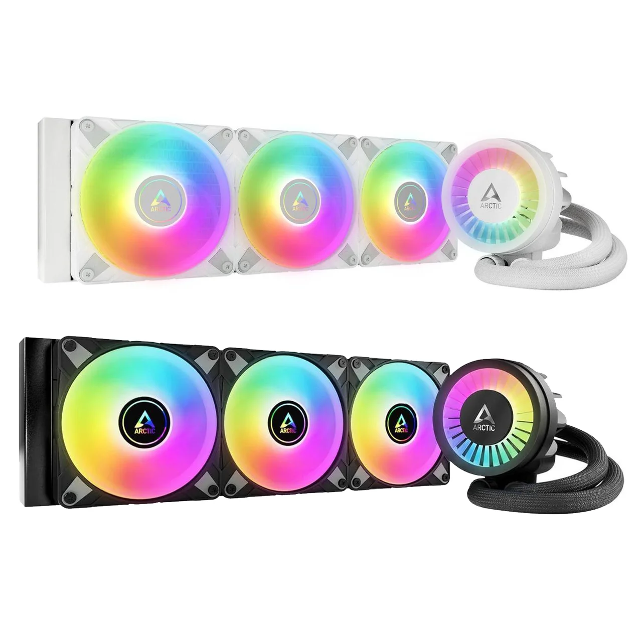 ARCTIC Liquid Freezer III 360 A-RGB AIO Liquid Cooling System - Black | WhiteThe Liquid Freezer III is ready for immediate use thanks to its pre-installed radiator fans in push configuration. The fan cables are integrated into the jacket of the hoses so that only one cable needs to be connected to the motherboard. With the MX-6 thermal compound included in delivery, you have everything you need for quick and easy installation.
Compatibility
Intel
1700
AMD
AM5, AM4
PI
NNPI
TIM
MX-6 (0.8 g)
Operating Ambient Temperature
0—40 °C
Weight
1870 g
LED Connector
3-Pin A-RGB Connector
All-In-One Connector
4-Pin PWM Connector
Splitt Connector
3x 4-Pin PWM Connector
Pump
Pump Speed
800—2800 rpm (PWM controlled)