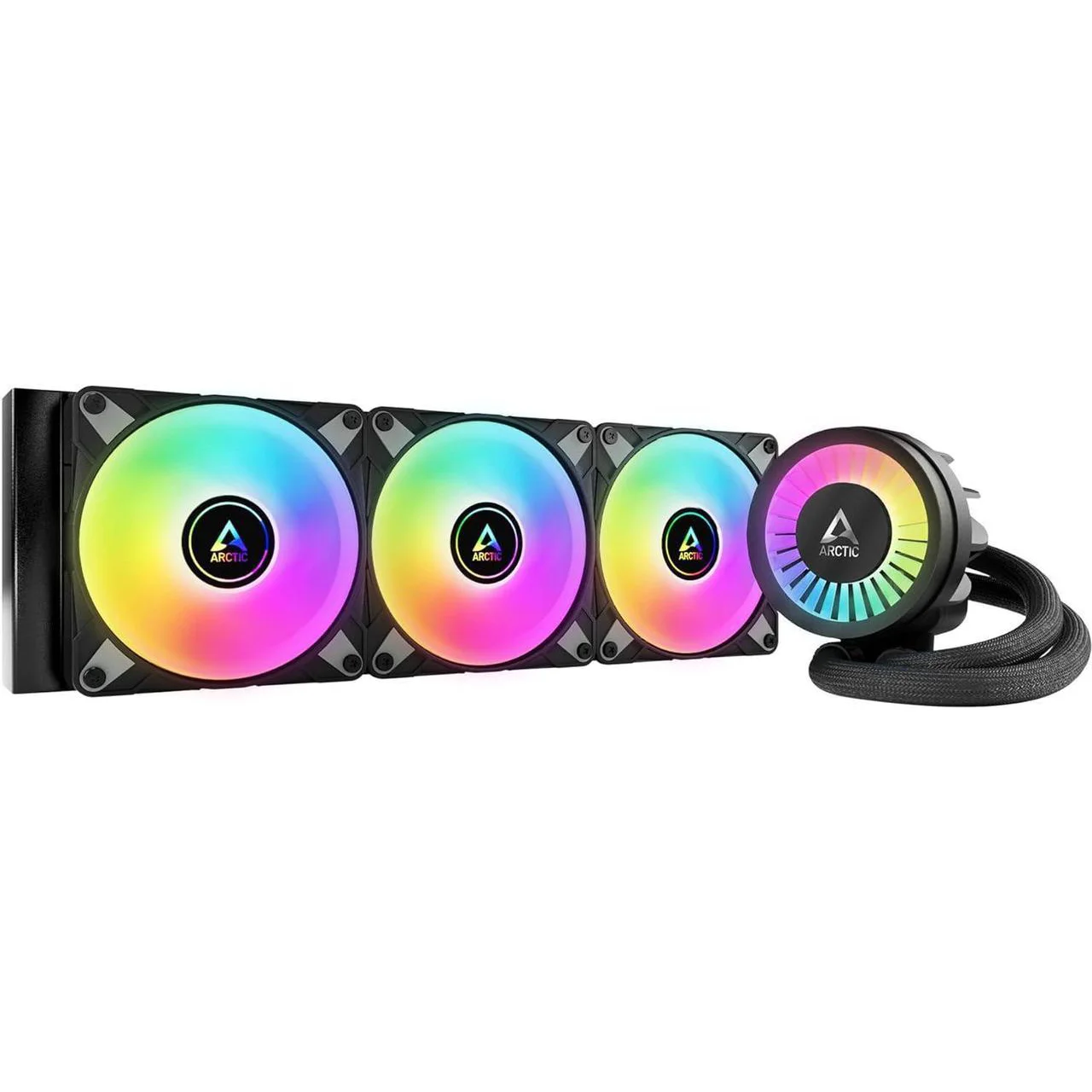 ARCTIC Liquid Freezer III 360 A-RGB AIO Liquid Cooling System - Black | WhiteThe Liquid Freezer III is ready for immediate use thanks to its pre-installed radiator fans in push configuration. The fan cables are integrated into the jacket of the hoses so that only one cable needs to be connected to the motherboard. With the MX-6 thermal compound included in delivery, you have everything you need for quick and easy installation.
Compatibility
Intel
1700
AMD
AM5, AM4
PI
NNPI
TIM
MX-6 (0.8 g)
Operating Ambient Temperature
0—40 °C
Weight
1870 g
LED Connector
3-Pin A-RGB Connector
All-In-One Connector
4-Pin PWM Connector
Splitt Connector
3x 4-Pin PWM Connector
Pump
Pump Speed
800—2800 rpm (PWM controlled)