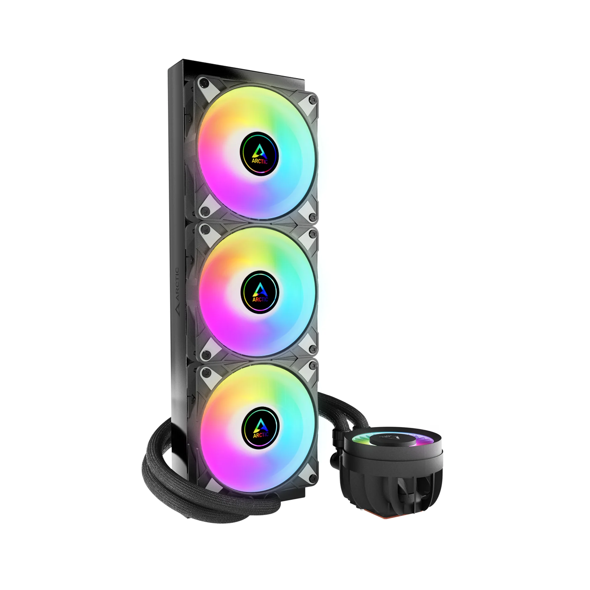 ARCTIC Liquid Freezer III 360 A-RGB AIO Liquid Cooling System - Black | WhiteThe Liquid Freezer III is ready for immediate use thanks to its pre-installed radiator fans in push configuration. The fan cables are integrated into the jacket of the hoses so that only one cable needs to be connected to the motherboard. With the MX-6 thermal compound included in delivery, you have everything you need for quick and easy installation.
Compatibility
Intel
1700
AMD
AM5, AM4
PI
NNPI
TIM
MX-6 (0.8 g)
Operating Ambient Temperature
0—40 °C
Weight
1870 g
LED Connector
3-Pin A-RGB Connector
All-In-One Connector
4-Pin PWM Connector
Splitt Connector
3x 4-Pin PWM Connector
Pump
Pump Speed
800—2800 rpm (PWM controlled)