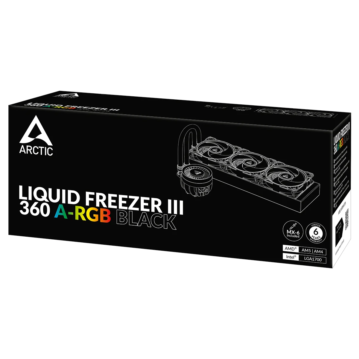 ARCTIC Liquid Freezer III 360 A-RGB AIO Liquid Cooling System - Black | WhiteThe Liquid Freezer III is ready for immediate use thanks to its pre-installed radiator fans in push configuration. The fan cables are integrated into the jacket of the hoses so that only one cable needs to be connected to the motherboard. With the MX-6 thermal compound included in delivery, you have everything you need for quick and easy installation.
Compatibility
Intel
1700
AMD
AM5, AM4
PI
NNPI
TIM
MX-6 (0.8 g)
Operating Ambient Temperature
0—40 °C
Weight
1870 g
LED Connector
3-Pin A-RGB Connector
All-In-One Connector
4-Pin PWM Connector
Splitt Connector
3x 4-Pin PWM Connector
Pump
Pump Speed
800—2800 rpm (PWM controlled)