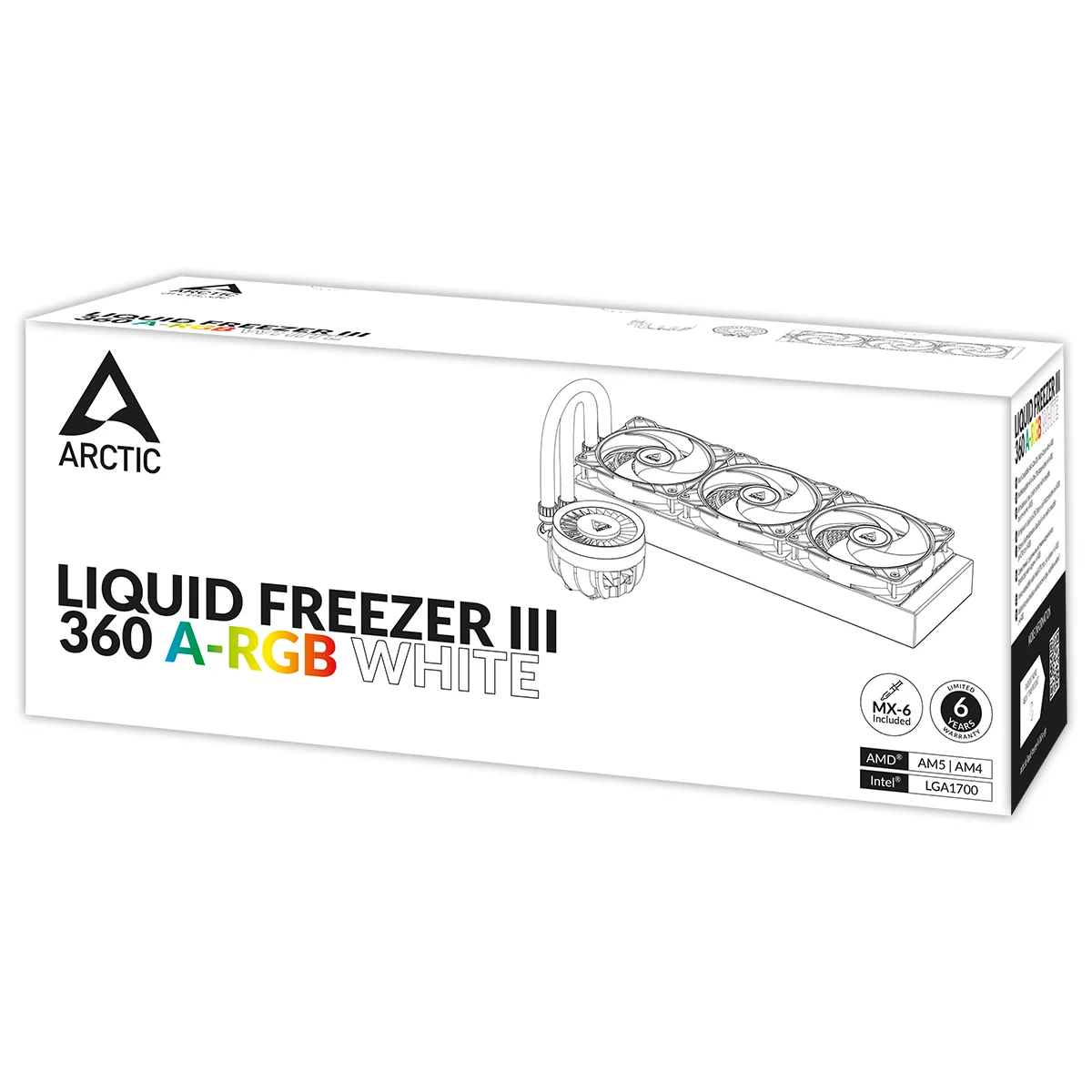 ARCTIC Liquid Freezer III 360 A-RGB AIO Liquid Cooling System - Black | WhiteThe Liquid Freezer III is ready for immediate use thanks to its pre-installed radiator fans in push configuration. The fan cables are integrated into the jacket of the hoses so that only one cable needs to be connected to the motherboard. With the MX-6 thermal compound included in delivery, you have everything you need for quick and easy installation.
Compatibility
Intel
1700
AMD
AM5, AM4
PI
NNPI
TIM
MX-6 (0.8 g)
Operating Ambient Temperature
0—40 °C
Weight
1870 g
LED Connector
3-Pin A-RGB Connector
All-In-One Connector
4-Pin PWM Connector
Splitt Connector
3x 4-Pin PWM Connector
Pump
Pump Speed
800—2800 rpm (PWM controlled)