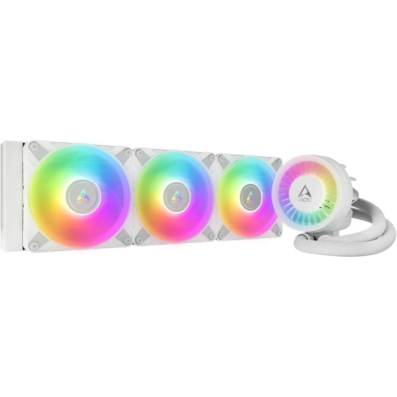ARCTIC Liquid Freezer III 360 A-RGB AIO Liquid Cooling System - Black | WhiteThe Liquid Freezer III is ready for immediate use thanks to its pre-installed radiator fans in push configuration. The fan cables are integrated into the jacket of the hoses so that only one cable needs to be connected to the motherboard. With the MX-6 thermal compound included in delivery, you have everything you need for quick and easy installation.
Compatibility
Intel
1700
AMD
AM5, AM4
PI
NNPI
TIM
MX-6 (0.8 g)
Operating Ambient Temperature
0—40 °C
Weight
1870 g
LED Connector
3-Pin A-RGB Connector
All-In-One Connector
4-Pin PWM Connector
Splitt Connector
3x 4-Pin PWM Connector
Pump
Pump Speed
800—2800 rpm (PWM controlled)