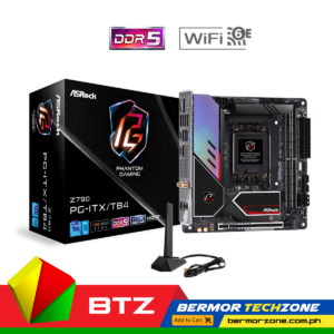 Asrock Z790 Phantom Gaming ITX/TB4 LGA 1700 Intel Motherboard<div id="briefDesc">
<div class="brieftxt">PRODUCT BRIEF:</div>
<ul class="briefUl">
 	<li>Supports 14<sup>th</sup>, 13<sup>th</sup> & 12<sup>th</sup> Gen Intel<sup>®</sup> Core™ Processors</li>
 	<li>10+1+1 Phase Power Design, SPS for VCore</li>
 	<li>2 x DDR5 DIMMs, supports up to 7000+(OC)</li>
 	<li>1 PCIe 5.0 x16</li>
 	<li>Graphics Output Options: 2 USB4 Type-C, 1 HDMI, 1 DisplayPort</li>
 	<li>7.1 CH HD Audio with Content Protection (Realtek ALC4082 Audio Codec), Nahimic Audio</li>
 	<li>1 Hyper M.2 (PCIe Gen4x4 & SATA3), 2 Hyper M.2 (PCIe Gen4x4), 3 SATA3</li>
 	<li>1 USB 3.2 Gen2x2 Type-C (Front), 6 USB 3.2 Gen2 Type-A (Rear), 2 USB 3.2 Gen1 (Front), 2 USB 2.0 (Front)</li>
 	<li>Killer 2.5G LAN</li>
 	<li>Killer 802.11ax Wi-Fi 6E + Bluetooth 5.3</li>
</ul>
</div>
<div class="posRelative"><img class="AwardsIcon" src="https://pg.asrock.com/img/icon/Awards.png" alt="AwardsIcon" /><img class="image alignnone" src="https://pg.asrock.com/news/awards/ThinkComputers-9.png" alt="ThinkComputers.org - 9/10" width="84" height="70" /><img class="image" src="https://pg.asrock.com/news/awards/tweaktown.com-Recommended.png" alt="TweakTown - Recommended" width="86" height="72" /><img class="image" src="https://pg.asrock.com/news/awards/cowcotland.com-Gold_Coeur.png" alt="Cowcotland - Gold / Coup de coeur" width="84" height="70" /><img class="image" src="https://pg.asrock.com/news/awards/tomshardware.com-EditorChoice20.png" alt="Tom's Hardware - Editor's Choice" width="88" height="73" /><img class="image alignnone" src="https://pg.asrock.com/news/awards/funkykit.com-Editor2.png" alt="Funky Kit - Editor's Choice" width="88" height="73" /></div>