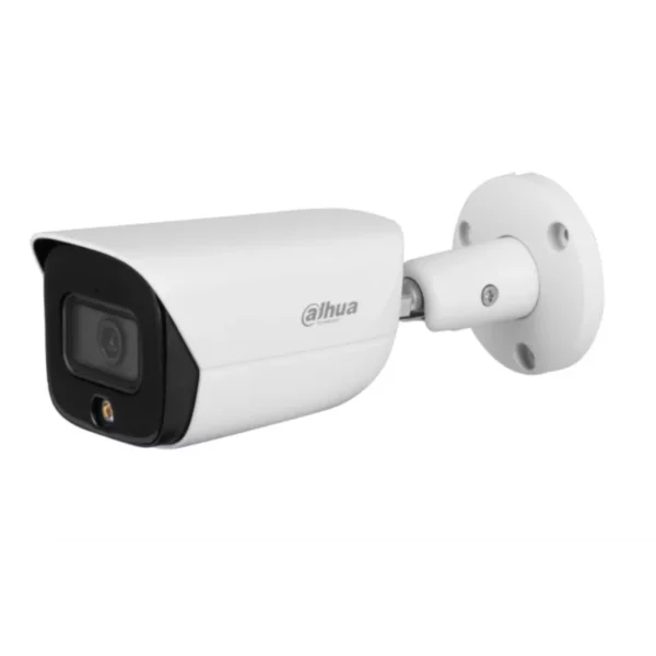 Dahua Entry 2MP Full-Color Built-in Smart Warm LED Max. 30m | Bulit-in MIC | 3.6mm Fixed Lens Bullet Camera
 	2MP, 1/2.7” CMOS image sensor, low illuminance, high image definition
 	Outputs max. 2MP (1920 × 1080) @25/30 fps
 	H.265 codec, high compression rate, ultra-low bit rate
 	Built-in warm light, and the max. illumination distance is 15 m.
 	ROI, SMART H.264/H.265, flexible coding, applicable to various bandwidth and storage environments
 	Rotation mode, DWDR, 3D DNR, HLC, BLC, digital watermarking, applicable to various monitoring scenes
 	Abnormality detection: Motion detection, video tampering, network disconnection, IP conflict, illegal access
 	12V DC/PoE power support
 	IP67 protection
