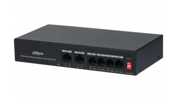 Dahua PFS3006-4ET-36 6-Port Fast Ethernet Switch with 4-Port PoE
 	Supports four 10/100M PoE power supply ports and two 10/100M uplink ports
 	Supports 802.3af and 802.3at standards
 	Operating Temperature: -10°C to +55°C
 	Supports 250m long-distance PoE transmission
 	Supports PoE watchdog