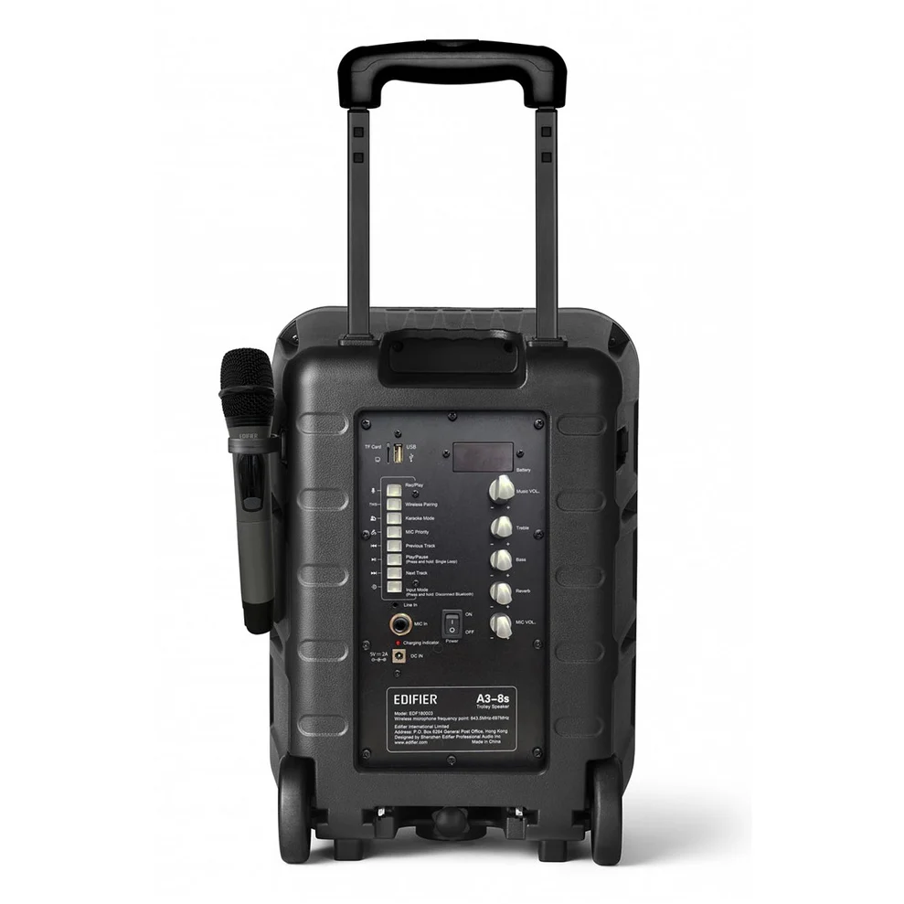Edifier A3-8S Mobile Multimedia Speaker Black• Up to 9-12 hours on a single charge, built-in 6600mAh Lithium-ion polymer battery
• High frequency microphone designed against howling effect has a transmission distance of 20 meters plus removeable microphone holder
• Plastic cabinet and anti-skid caster with ergonomic metal pull rod
• Enjoy the high-quality, crisp and mesmerizing music with high-quality 8-inches large caliber mid-woofer and 1-inch professional stage-grade compressed horn tweeter
• Bluetooth, Line-IN, USB, TF-Card