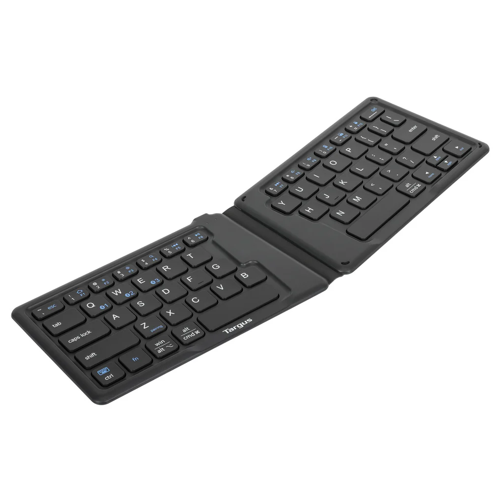 Targus AKF003AP Ergonomic Foldable Bluetooth Keyboard
Ultra-compact, foldable design is the same size as a smartphone
Split, ergonomic keyboard design keeps hands in a more natural position
DefenseGuard™ Antimicrobial Protection* creates a cleaner surface and works continuously to protect the keyboard by preventing the growth of microorganisms
Multi-device connectivity for up to 3 devices
Reliable & battery-saving Bluetooth® 5.1 wireless technology
Rechargeable 100 mAh battery
Battery life and connectivity indicator
Auto on/off feature with magnetic open and close
Compatibility with Windows®, Android™, iOS®, and iPadOS