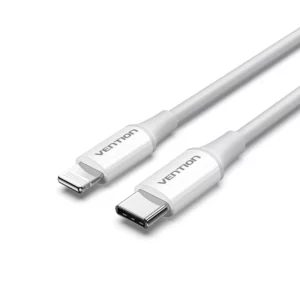 Vention USB 2.0 Type-C Male to Lightning Male 3A Cable 1M White<ul>
 	<li>Color: White</li>
 	<li>Version: USB 2.0 / 27W PD</li>
 	<li>Interface: USB-C Male/Lightning Male</li>
 	<li>Electroplating Process: Nickel-Plated</li>
 	<li>Data Transfer Rates: 480Mbps</li>
 	<li>Output Current: 3A</li>
 	<li>Conductor: Tinned Copper</li>
 	<li>Shielding: Aluminum Foil & Metal Braid</li>
</ul>