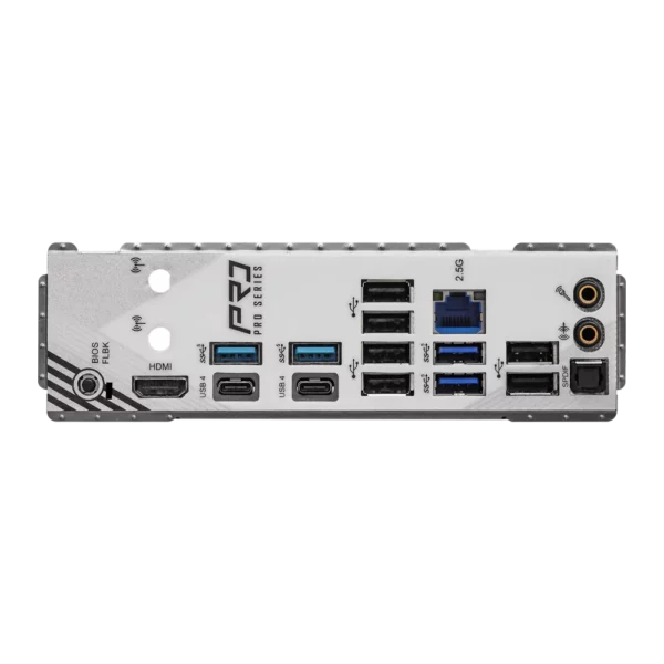 Asrock X870 Pro RS WiFi White AM5 AMD Motherboard
 	CPU Support: AMD Ryzen™ 9000, 8000, and 7000 Series
 	Power Design: 14+2+1 Phase Power, 80A Dr.MOS for VCore+SOC
 	Memory: 4 x DDR5 DIMMs, Dual Channel, up to 8000+ (OC)
 	PCIe Slots: 1 x PCIe 5.0 x16, 1 x PCIe 4.0 x16
 	Graphics Outputs: 2 x USB4 Type-C, 1 x HDMI
 	Audio: Realtek ALC1220 7.1 CH HD Audio, Nahimic Audio
 	Storage:

 	1 x Blazing M.2 (PCIe Gen5x4)
 	1 x Hyper M.2 (PCIe Gen4x4)
 	1 x Ultra M.2 (PCIe Gen3x4 & SATA3)
 	4 x SATA3


 	USB Ports:

 	2 x USB4 Type-C (Rear)
 	1 x USB 3.2 Gen2x2 Type-C (Front)
 	6 x USB 3.2 Gen1 (4 Rear, 2 Front)
 	9 x USB 2.0 (6 Rear, 3 Front)


 	Networking: Realtek 2.5G LAN, 802.11be Wi-Fi 7 + Bluetooth (PRO RS WIFI MODEL ONLY)
 	Cooling: Supports Toolless Multi-Layer M.2 Heatsink, M.2 Bottom Heatsink