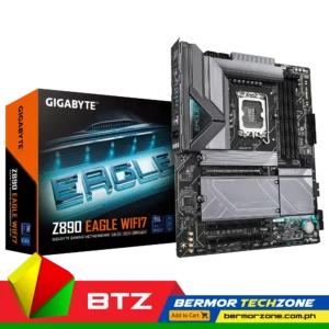 Gigabyte Z890 EAGLE WIFI7 ATX LGA1851 Motherboard<h3>Key Features</h3>
<ul class="text-secondary">
 	<li>Supports Intel® Core™ Ultra processors (Series 2)</li>
 	<li>Digital twin 14+1+2 phases VRM<a href="https://bermorzone.com.ph/"> solution</a></li>
 	<li>D5 Bionic Corsa for Infinite Memory Performance</li>
 	<li><b>AORUS AI SNATCH </b>: Auto-Overclocking Software by AI models</li>
 	<li><b>AI Perfdrive </b>: Provides optimal and customized BIOS preset profile for users</li>
 	<li><b>Premium Compatibility </b>: 4*DDR5 with XMP Memory Module Support</li>
 	<li><b>WIFI EZ-Plug </b>: Quick and easy design for Wi-Fi antenna installation</li>
 	<li><b>EZ-Latch Plus </b>: PCIe and M.2 slots with Quick Release & Screwless Design</li>
 	<li><b>EZ-Latch Click </b>: M.2 heatsinks with screwless design</li>
 	<li><b>Friendly UI </b>: Multi-Theme, AIO Fan Control, and Q-Flash Auto Scan in BIOS and SW</li>
 	<li>New <b>Power Monitor </b>in  HWinfo for real-time monitoring on CPU power phases</li>
 	<li><b>Ultra-Fast Storage </b>: 4*M.2 slots, including 1* PCIe 5.0 x4</li>
 	<li><b>Efficient Thermal </b>: VRM Thermal Armor Advanced & M.2 Thermal Guard</li>
 	<li><b>Fast Networking </b>: 2.5GbE LAN & Wi-Fi 7</li>
 	<li><b>Extended Connectivity </b>: USB4 Type-C with DP-Alt, DisplayPort</li>
 	<li><b>PCIe UD Slot X </b>: PCIe 5.0 x16 slot with 10X strength for graphics card</li>
</ul>