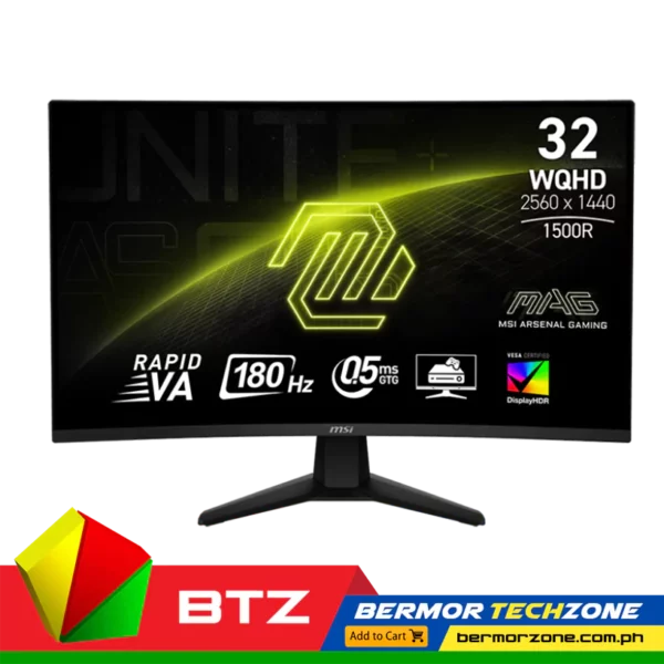MSI MAG 325CQRF-QD 31.5" 2560x1440 WQHD Rapid VA 170Hz 1ms GTG 1000R Curved Gaming Monitor (Copy)
 	Rapid VA Panel – Optimize screen colors and brightness to enhance your viewing experience.
 	A content creation level color reproduction of 93.7% Adobe RGB, 96.8% DCI-P3 and 74.5% Rec.2020 by utilizing a dynamically engineered layer of Quantum Dot technology.
 	WQHD High Resolution – Games will look even better, displaying more details.
 	170Hz Refresh Rate– Experience smooth gaming with a blazing fast refresh rate and response time.
 	HDR Ready - Provide eye-catching detail through contrast and shadows adjustment.
 	Mystic Light – The ultimate gaming finish.
 	Gaming Intelligence App – Create the ultimate viewing settings for your game.
 	Adjustable Stand – Easily change the position of the monitor for maximum ergonomics.