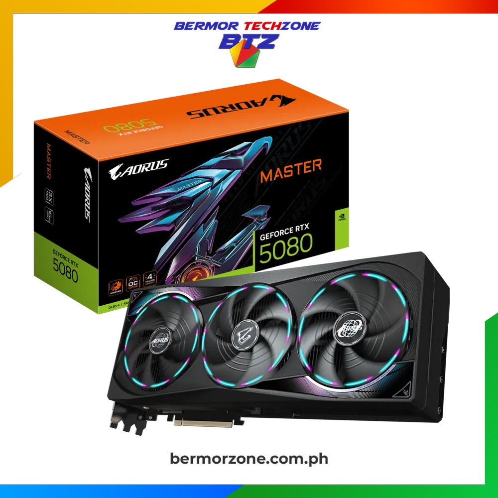 Gigabyte Aorus GeForce RTX 5080 MASTER 16G Graphics CardFeature
Powered by NVIDIA Blackwell architecture and DLSS 4
GeForce RTX™ 5080
16GB GDDR7 memory, 256-bit interface
WINDFORCE cooling system
Hawk fan
Composite metal grease for GPU
Server-grade thermal conductive gel
LCD Edge View
RGB Halo lighting
Dual BIOS (Performance / Silent)
Reinforced structure
Versatile VGA holder
4-year warranty (Online registration required)