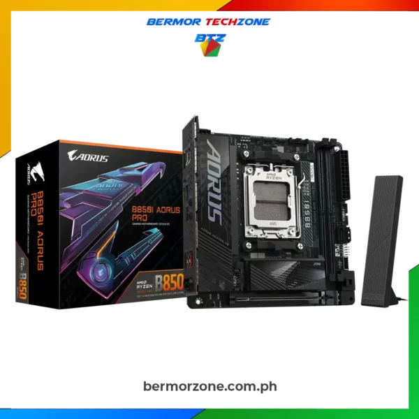Gigabyte B850I AORUS PRO Mini ITX Motherboard
 	X3D Turbo Mode : Unleash new era gaming performance
 	DDR5 OC up to 8400MT/s
 	AMD Socket AM5 : Supports AMD Ryzen™ 9000 / 8000 / 7000 Series Processors
 	Digital twin 8+2+1 phases VRM solution
 	Dual Channel DDR5 : 4*DIMMs with AMD EXPO™Memory Module Support
 	WIFI EZ-Plug : Quick and easy design for Wi-Fi antenna installation
 	EZ-Latch Plus : PCIe and M.2 slots with Quick Release & Screwless Design
 	EZ-Latch Click : M.2 heatsinks with screwless design
 	Friendly UI : Multi-Theme, AIO Fan Control, and Q-Flash Auto Scan in BIOS and SW.
 	Ultra-Fast Storage : 1*M.2 slots, including PCIe 5.0 x4
 	Efficient Thermal : VRM Thermal Armor Advanced & M.2 Thermal Guard Ext.
 	Fast Networking : 2.5GbE LAN & Wi-Fi 7 with directional Ultra-high gain antenna
 	Extended Connectivity : HDMI
 	PCIe UD Slot : PCIe 5.0 x16 slots with 10X strength for graphics card & Better Heat dissipation effect