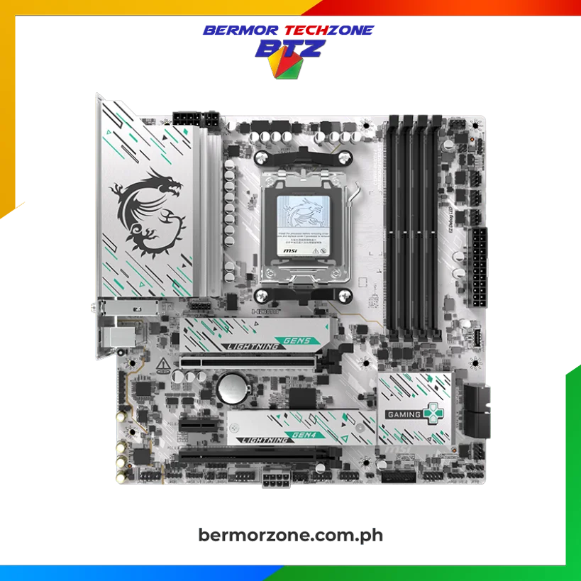 MSI B850M GAMING PLUS WIFI Micro-ATX White AM5 9000 Series Motherboard
Supports AMD Ryzen™ 9000 / 8000 / 7000 Series Desktop Processors
Supports DDR5 Memory, Dual Channel DDR5
Ultra Performance: Direct 8+2+1 Power System with 60A SPS, 8+4-pin CPU power connectors, Core Boost, Memory Boost, 6-layer PCB made by 2oz thickened copper and server-grade level material
Frozr Guard: Extended Heatsink, MOSFET thermal pads rated for 7W/mK, additional choke thermal pads and EZ M.2 Shield Frozr II are built for high performance system and non-stop experience
High-speed Connectivity: 5G LAN with Wi-Fi 7 Solution - The latest solution for professional and multimedia use, delivering secure, stable, and high-speed networking and data transmission
Lightning Fast Game experience: PCIe 5.0 slot, Lightning Gen 5 x4 M.2, Front USB Type-C
EZ DIY: EZ M.2 Shield Frozr II, EZ M.2 Clip II, EZ PCIe Clip II and EZ Antenna
Audio Boost: Reward your ears with studio grade sound quality for the most immersive gaming experience