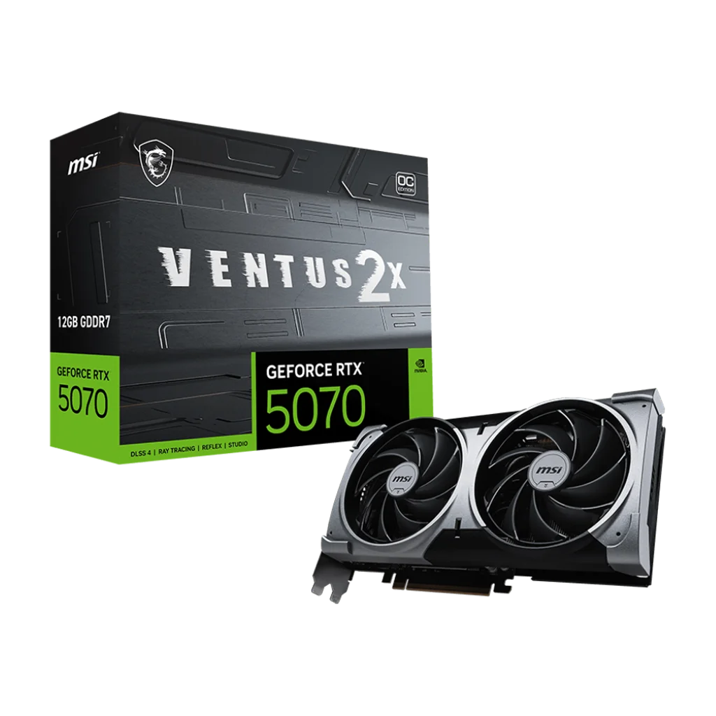 MSI GeForce RTX 5070 12G VENTUS 2X OC GDDR7 Graphics CardWITH DLSS 4
Core Clock: TBD
HYPER FROZR THERMAL DESIGN: An apex evolution of advanced thermal design that delivers unparalleled cooling and quiet operation.
STORMFORCE Fan: Seven fan blades, claw texturing, and a circular arc are designed for optimal airflow with minimal noise.
Advanced Vapor Chamber: Built-in Vapor Chamber swiftly transfers heat from the GPU and VRAM to the core pipe for optimal dissipation.
Core Pipes: Square-shaped Core Pipes maximize heat dissipation with the Vapor Chamber for superior cooling.
Filled Fins: Shaped fins cover the core pipes to reduce turbulence and enhance cooling performance.
Wave Curved 4.0: Precision-engineered wave edges with a high-low fin design enhance airflow and reduce turbulence.
Air Antegrade Fin 2.0: The fins feature a V-shaped cutout and a high-low design at the airflow passthrough to optimize flow efficiency.
Metal Backplate: A reinforcing metal backplate with airflow vents and thermal pads enhances cooling.
Dual BIOS: Dual BIOS gives you the choice to prioritize for full performance in GAMING mode or low noise in SILENT mode.
MSI Center: The exclusive MSI Center software lets you monitor, tweak and optimize MSI products in real-time.
Afterburner: Take full control with the most recognized and widely used graphics card overclocking software in the world.