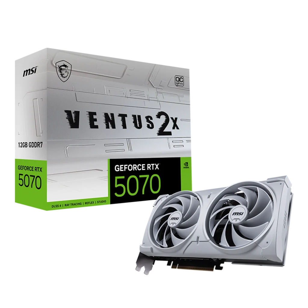 MSI GeForce RTX 5070 12G VENTUS 2X OC GDDR7 Graphics CardWITH DLSS 4
Core Clock: TBD
HYPER FROZR THERMAL DESIGN: An apex evolution of advanced thermal design that delivers unparalleled cooling and quiet operation.
STORMFORCE Fan: Seven fan blades, claw texturing, and a circular arc are designed for optimal airflow with minimal noise.
Advanced Vapor Chamber: Built-in Vapor Chamber swiftly transfers heat from the GPU and VRAM to the core pipe for optimal dissipation.
Core Pipes: Square-shaped Core Pipes maximize heat dissipation with the Vapor Chamber for superior cooling.
Filled Fins: Shaped fins cover the core pipes to reduce turbulence and enhance cooling performance.
Wave Curved 4.0: Precision-engineered wave edges with a high-low fin design enhance airflow and reduce turbulence.
Air Antegrade Fin 2.0: The fins feature a V-shaped cutout and a high-low design at the airflow passthrough to optimize flow efficiency.
Metal Backplate: A reinforcing metal backplate with airflow vents and thermal pads enhances cooling.
Dual BIOS: Dual BIOS gives you the choice to prioritize for full performance in GAMING mode or low noise in SILENT mode.
MSI Center: The exclusive MSI Center software lets you monitor, tweak and optimize MSI products in real-time.
Afterburner: Take full control with the most recognized and widely used graphics card overclocking software in the world.