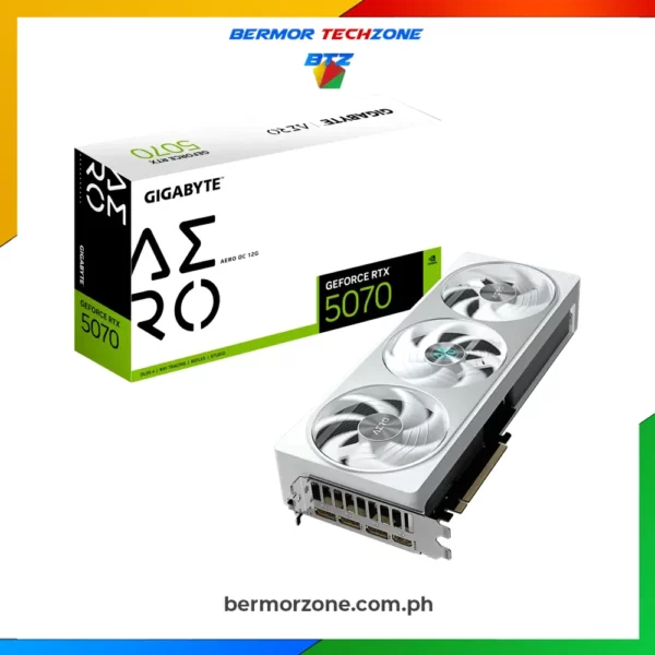Gigabyte GeForce RTX 5070 AERO OC 12G GDDR7 Graphics CardFEATURES

 	Powered by GeForce RTX™ 5070
 	Integrated with 12GB GDDR7 192bit memory interface
 	WINDFORCE cooling system

 	Hawk fan
 	Server-grade Thermal conductive gel


 	RGB Lighting
 	Dual BIOS (Performance/ Silent)
 	Reinforced structure
 	Versatile VGA holder
 	4 Years Warranty (Online registration required)