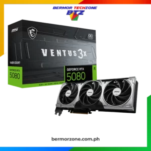 MSI GeForce RTX 5080 16GB VENTUS 3X OC GDDR7 Graphics Card<h4>WITH DLSS 4</h4>
<ul>
<li><b>Powered by NVIDIA DLSS 4,</b></li>
<li><b>Core Clock:</b> TBD</li>
<li><b>TORX Fan 5.0:</b> Fan <a href="https://bermorzone.com.ph/">blades</a> linked by ring arcs work to stabilize and maintain high-pressure airflow.</li>
<li><b>Nickel-plated Copper Baseplate: </b>Heat from the GPU and memory is swiftly captured by a nickel-plated copper baseplate and transferred.</li>
<li><b>Core Pipes </b>feature a square design to maximize contact with the GPU baseplate for optimal thermal management.</li>
<li><b>Metal Backplate:</b> A reinforcing metal backplate with airflow vents and thermal pads enhances cooling.</li>
<li><b>MSI Center </b>software gives you the choice to prioritize full performance in GAMING mode or low noise in SILENT mode.</li>
<li><b>Afterburner </b>software takes full control with the most recognized and widely used graphics card overclocking software in the world.</li>
</ul>